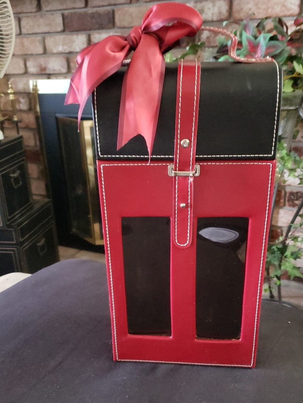 Two-Tone Red and Black Leatherette Wine Bottle Carrier Bag for Two Bottles.